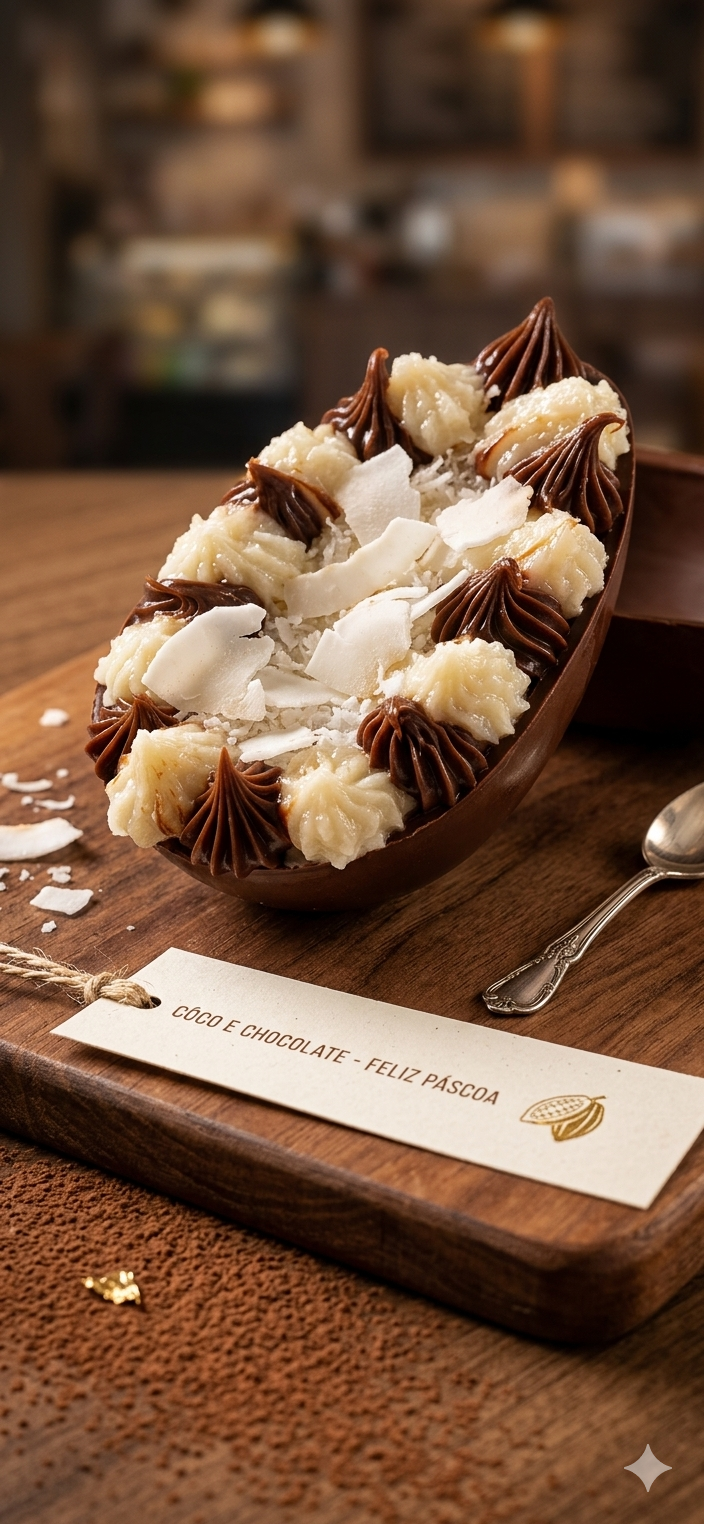 Ovo de colher de Prestígio, com 180g, um brigadeiro bem balanciado, e com muito coco!!